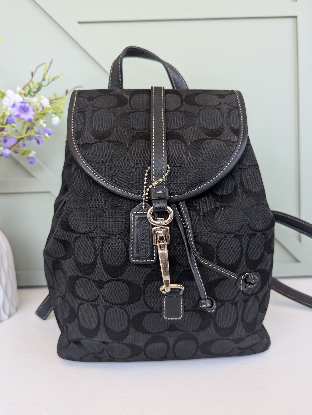 Coach Black Signature Canvas Mini Backpack with Leather Trim